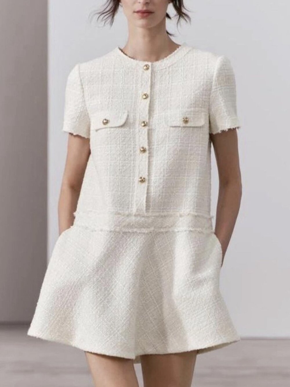 NEW Zara Short Textured Dress M Ecru Tweed Blogger Fav Preppy 2875/449/712 $90